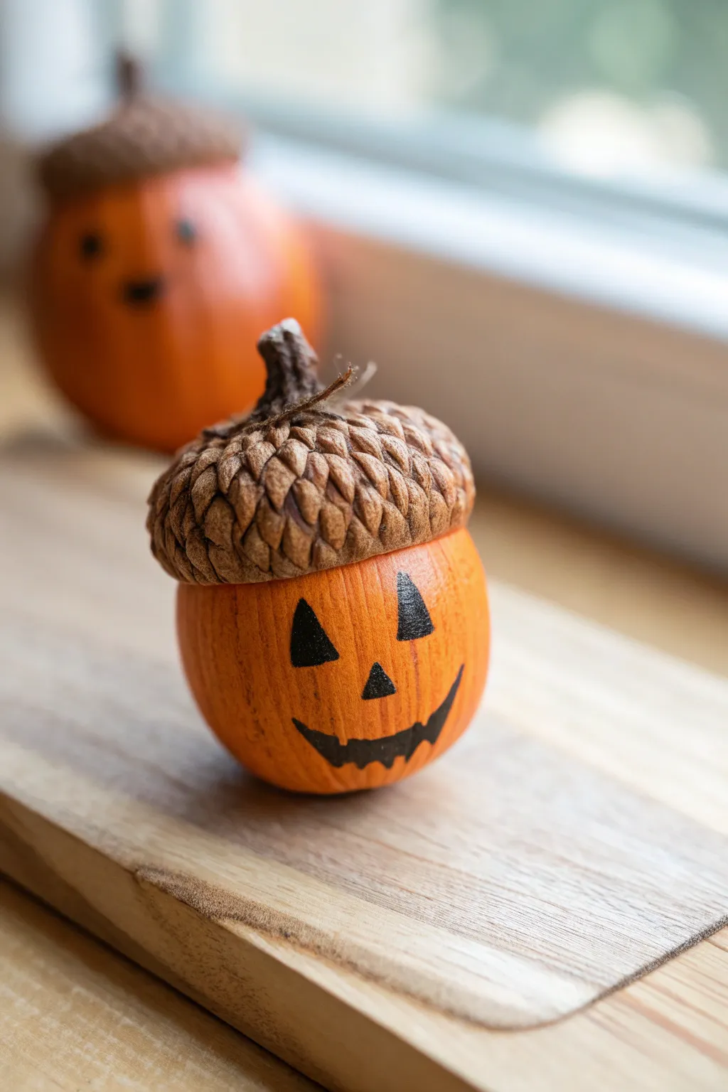 Charming Miniature: Acorn turned into a delightful pumpkin for your autumn table decor.