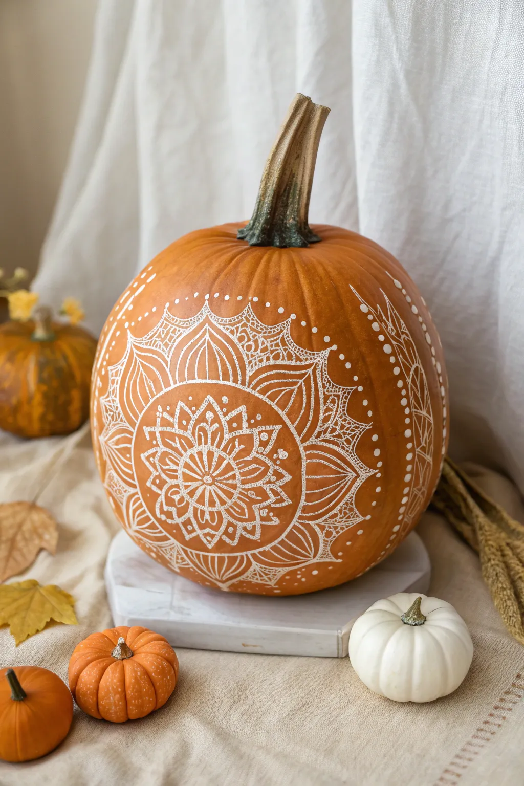 Find tranquility in creativity with these stunning mandala pumpkin designs. 🍂✨