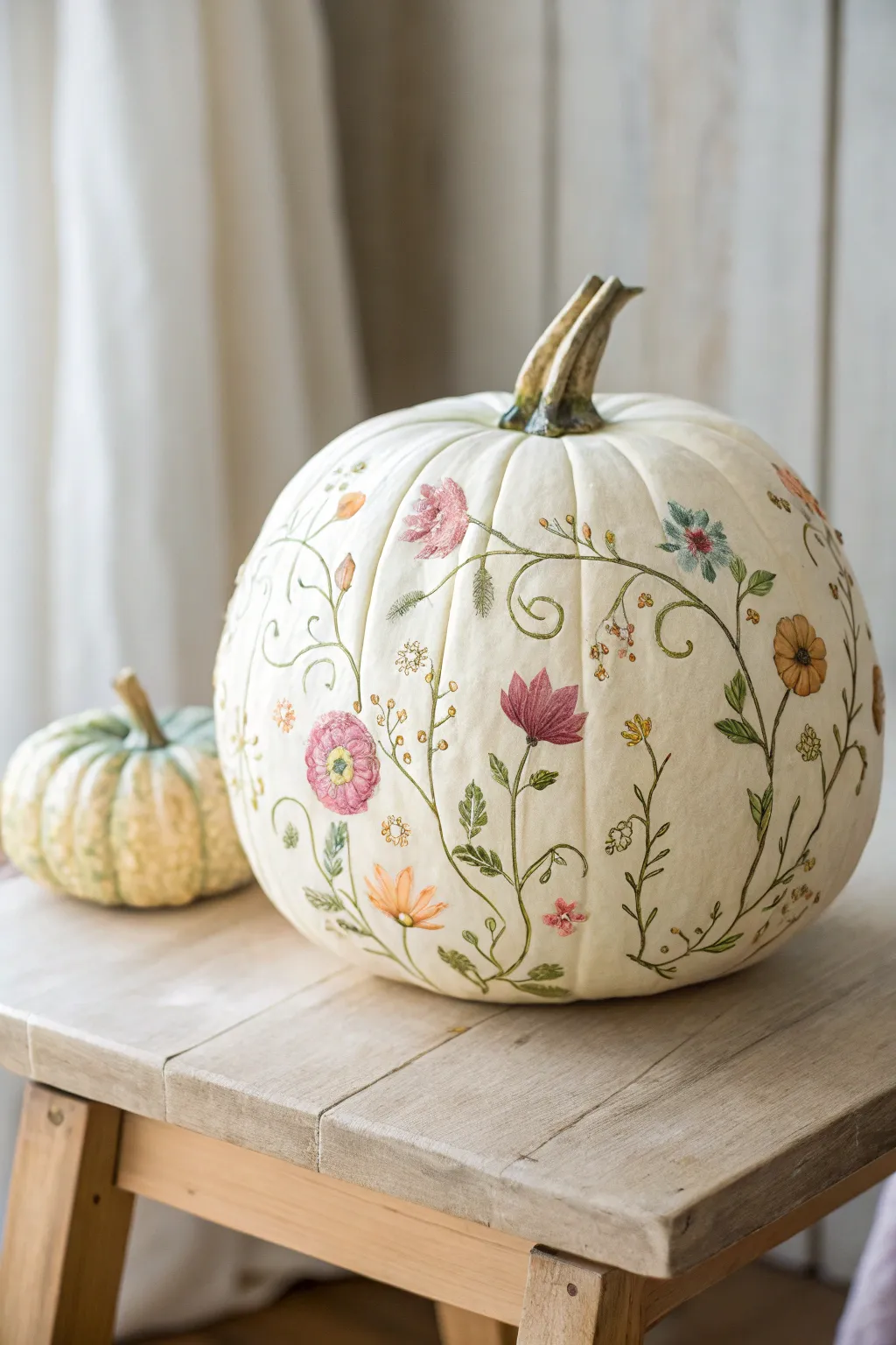 Transform your pumpkin with charming floral patterns for a touch of autumn elegance.