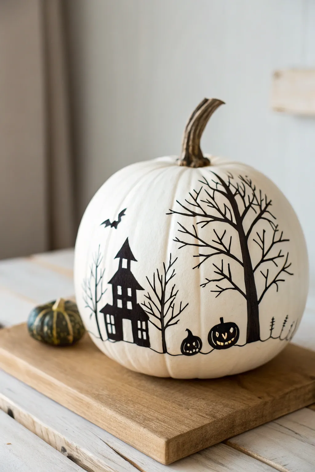 Embrace the Halloween spirit with minimalist spooky silhouettes on a white pumpkin—perfect for a stylish, seasonal touch.