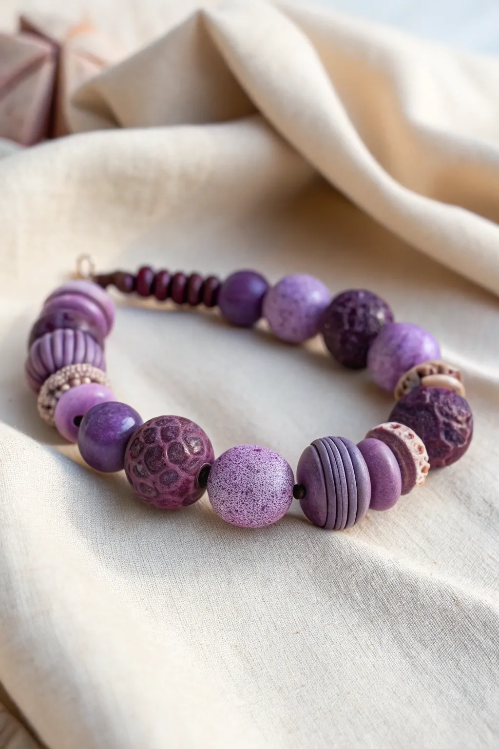 Discover the art of storytelling through an eclectic mix of handcrafted purple clay beads, perfect for adding a touch of boho elegance to your minimalist style.