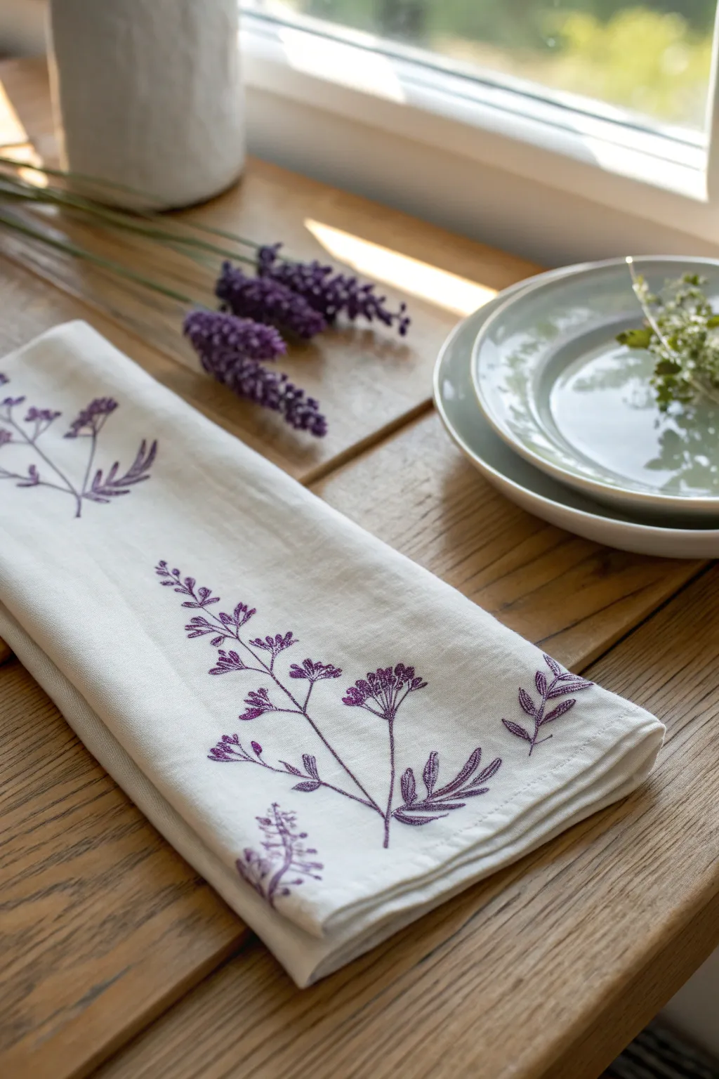Elevate your table setting with these charming purple stamped napkins, blending simplicity with artisan elegance.