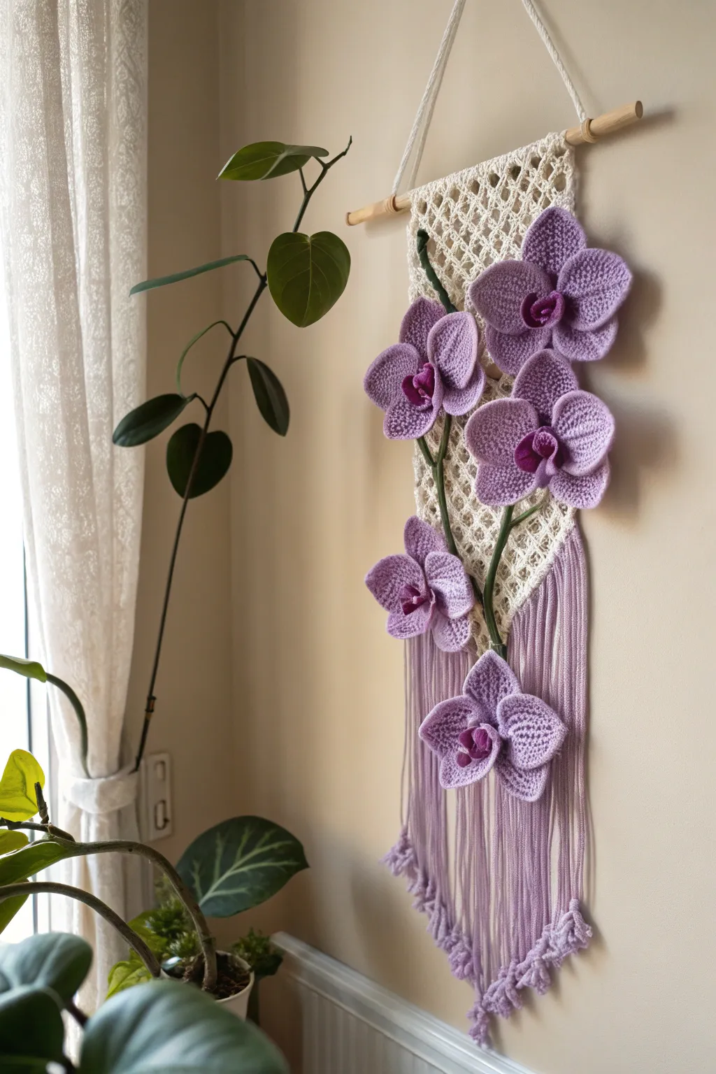 Elevate your space with the elegance of a purple crochet orchid wall hanging.