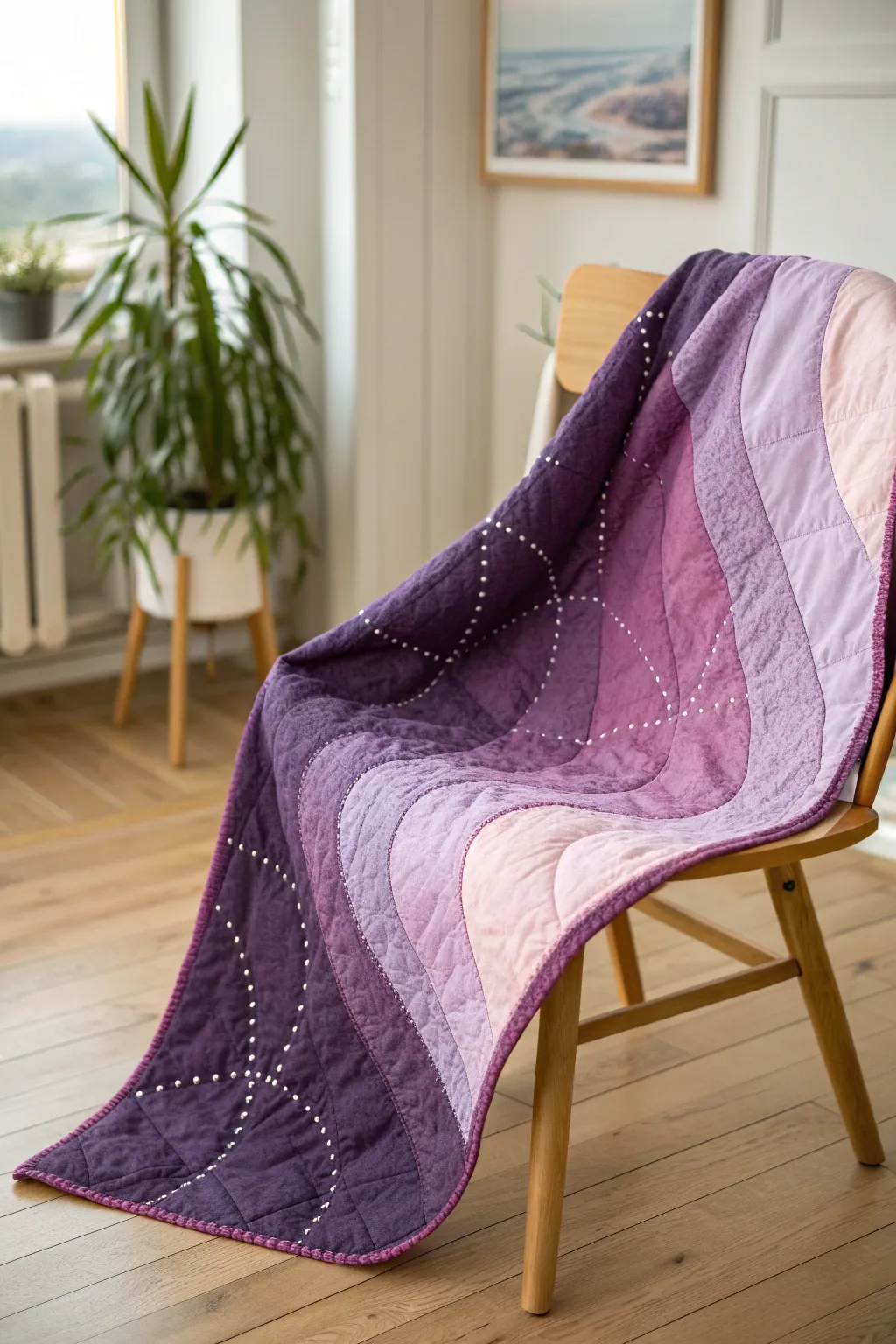 Capture the warmth of a sunset with a stunning purple ombre quilt, a perfect blend of craftsmanship and minimalist elegance.