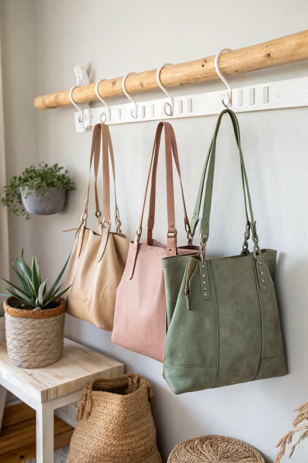 Effortless elegance: Organize your handbags with style using S-hooks and a touch of Scandinavian minimalism.