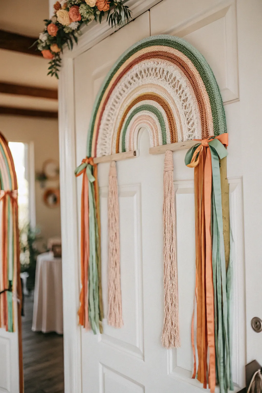 Create a cozy look with a boho rainbow theme.