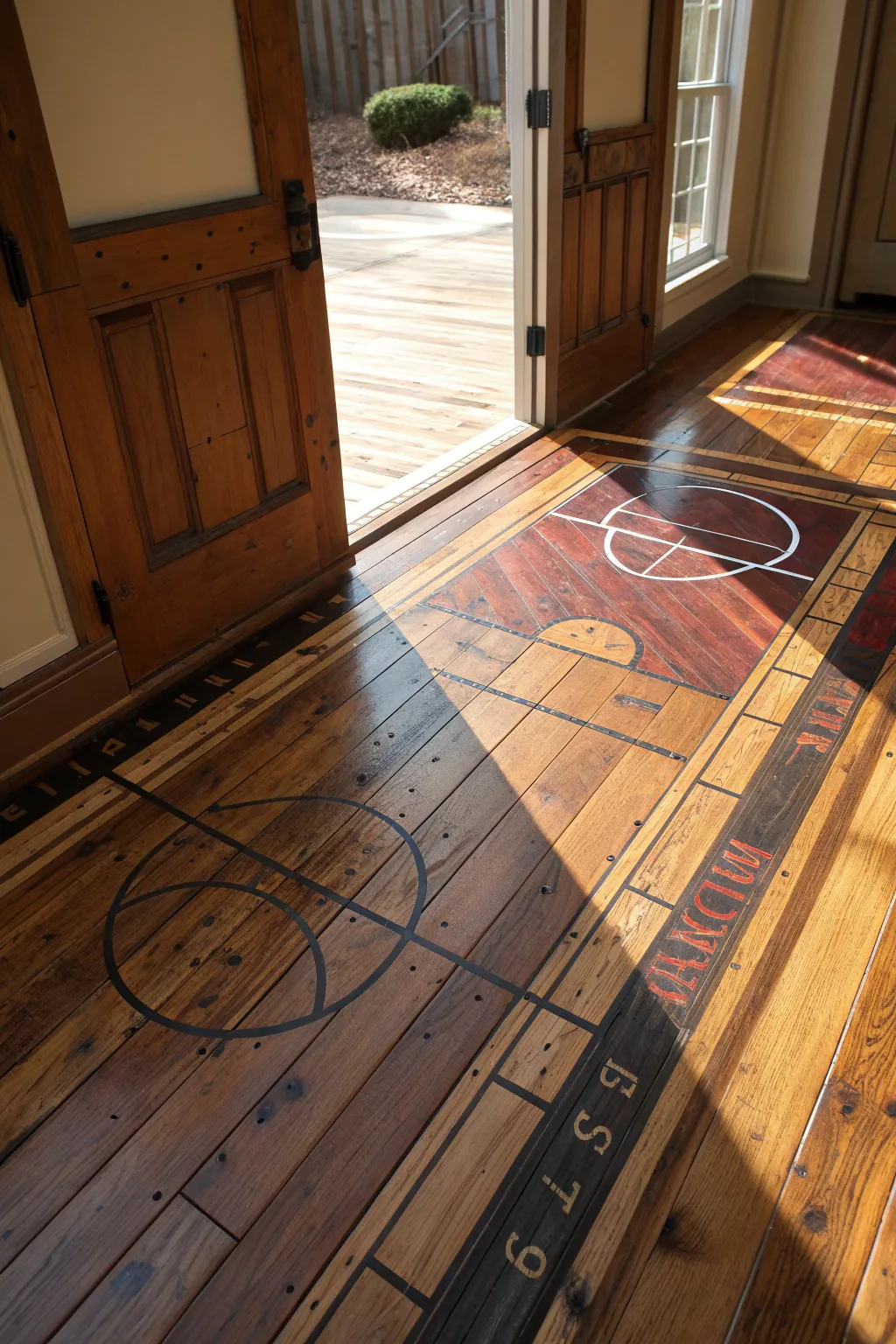 Step into style with an entryway floor that tells a story of the game — crafted from reclaimed basketball court wood.