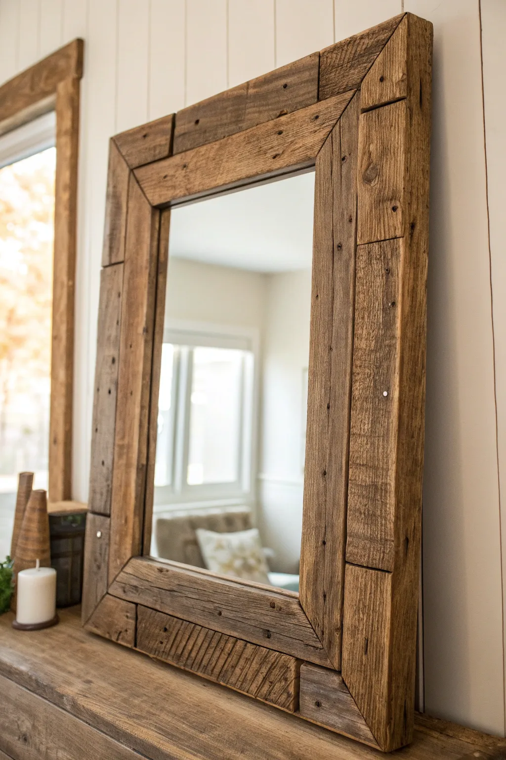 Elevate your space with the timeless charm of a reclaimed wood mirror frame.
