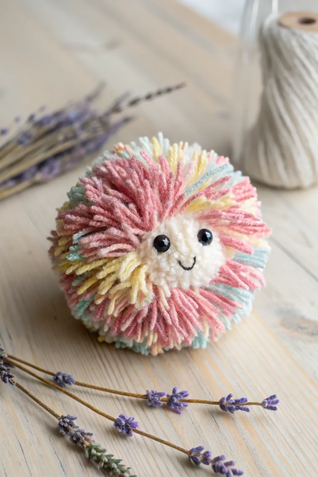 Whimsical Pom-Pom Critters: A playful touch of color crafted from recycled yarn.