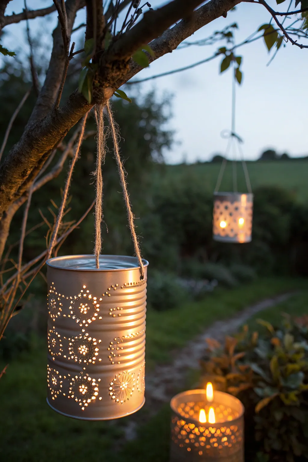 Illuminate your garden with charming tin can lanterns, a blend of simplicity and elegance.