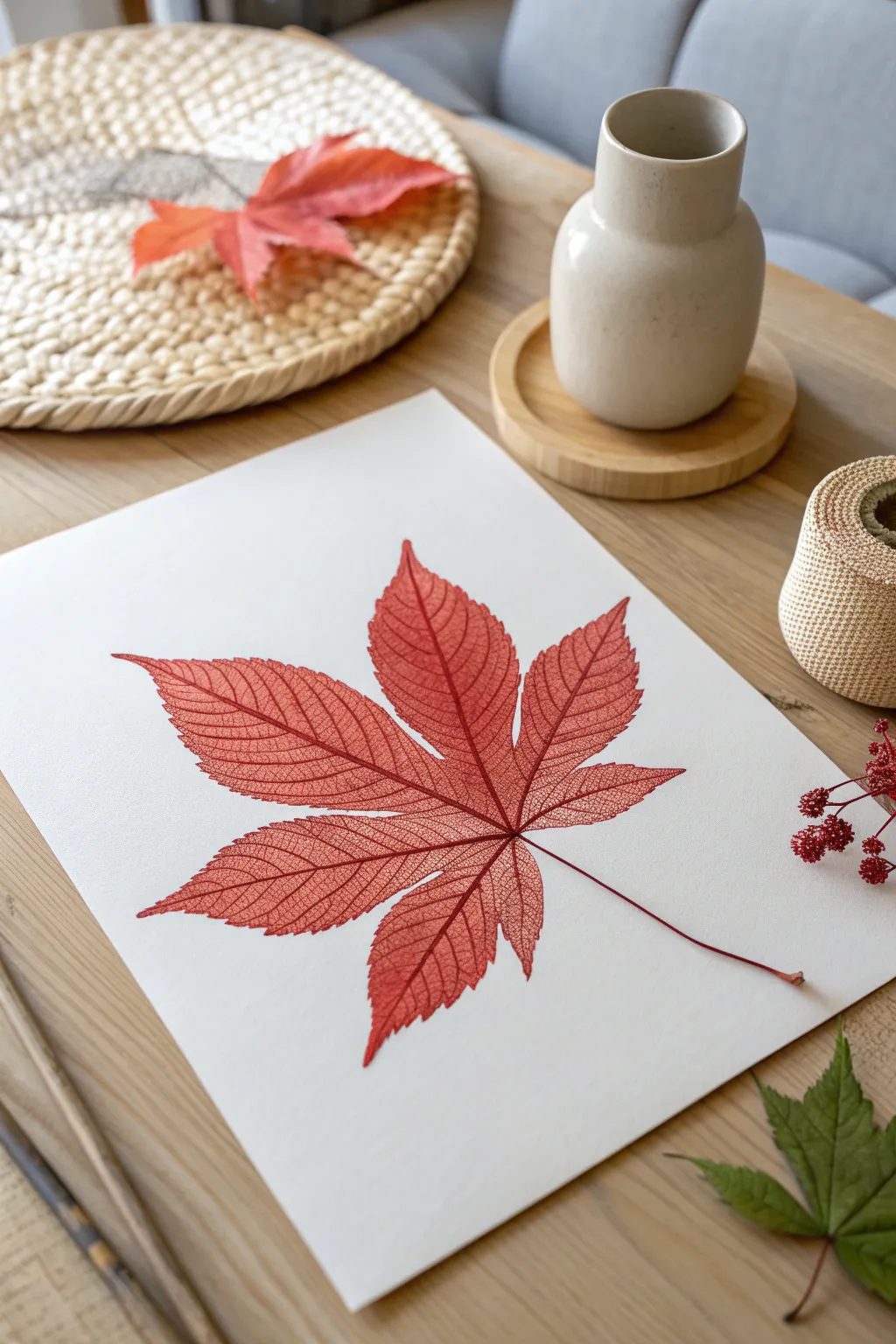 Capture the beauty of nature with simple yet stunning red leaf print art.