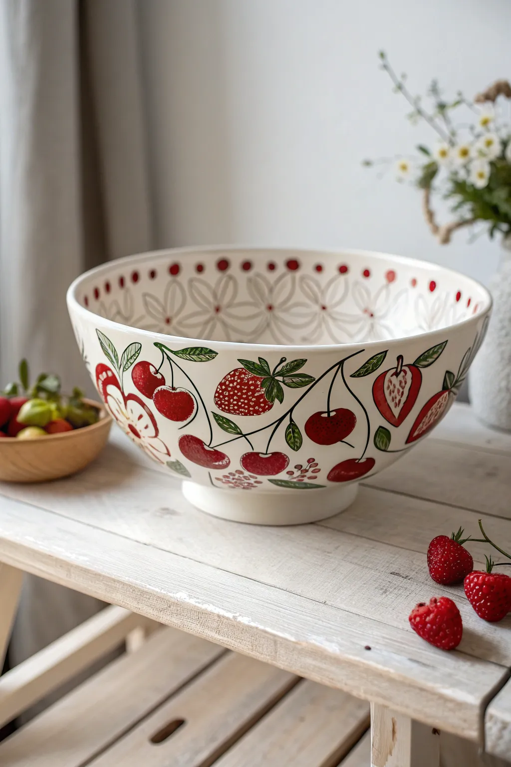 Add a touch of artistry to your kitchen with this hand-painted red fruit bowl, where functionality meets elegance!