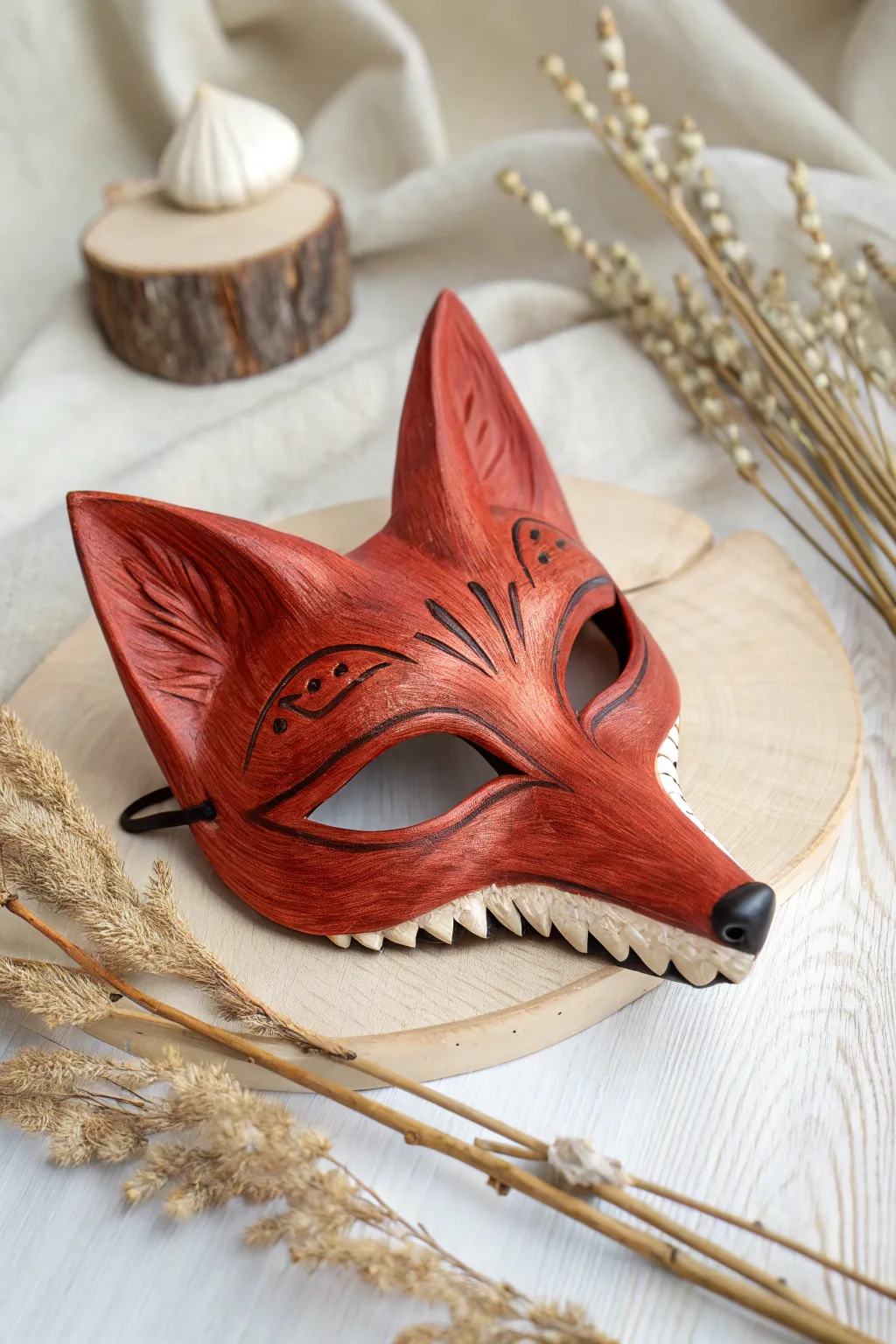 Elevate your style with this stunning red fox therian mask, where minimalist design meets elegant resin details.