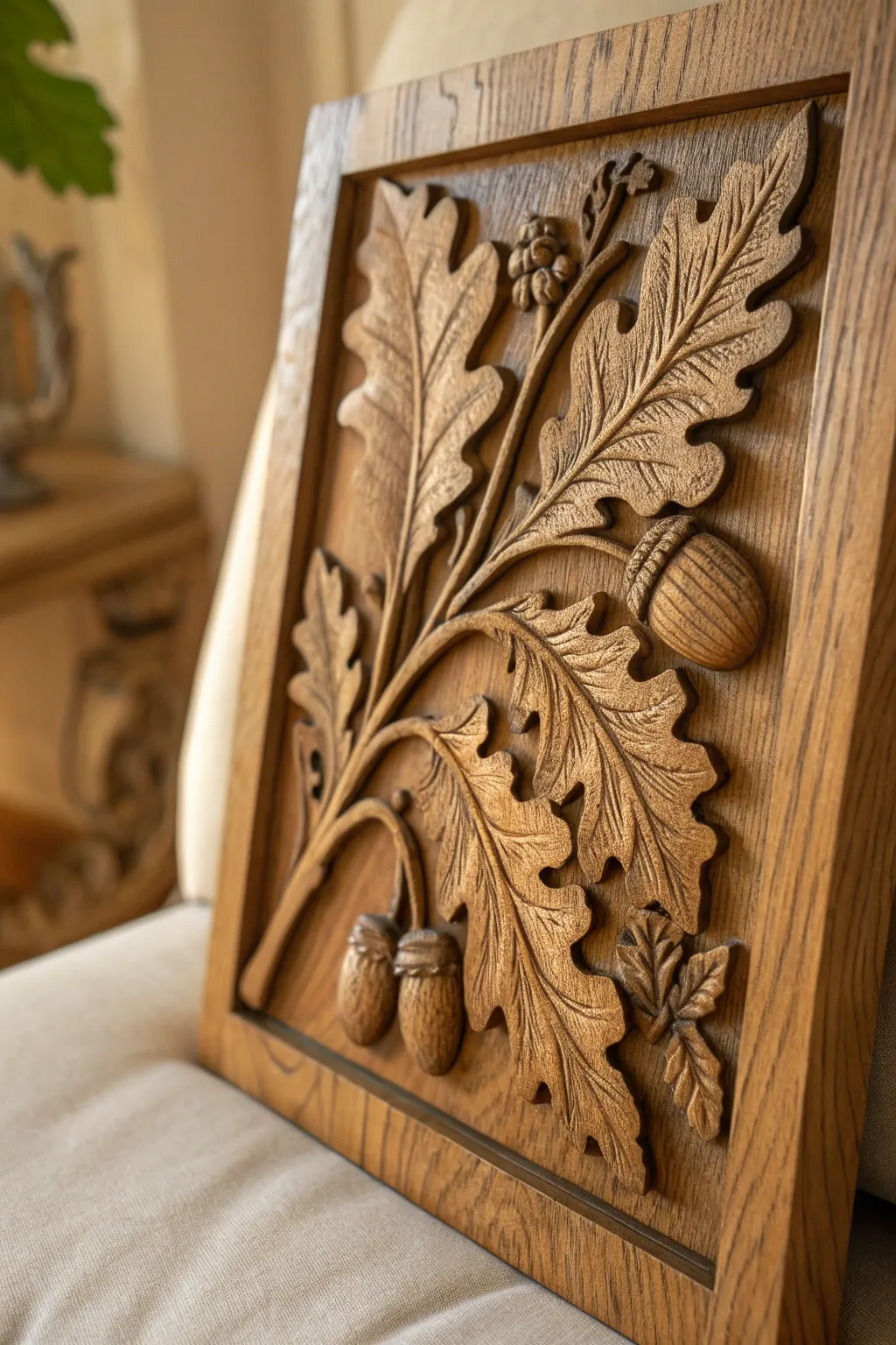 Experience the elegance of nature through expertly carved oak wood reliefs.