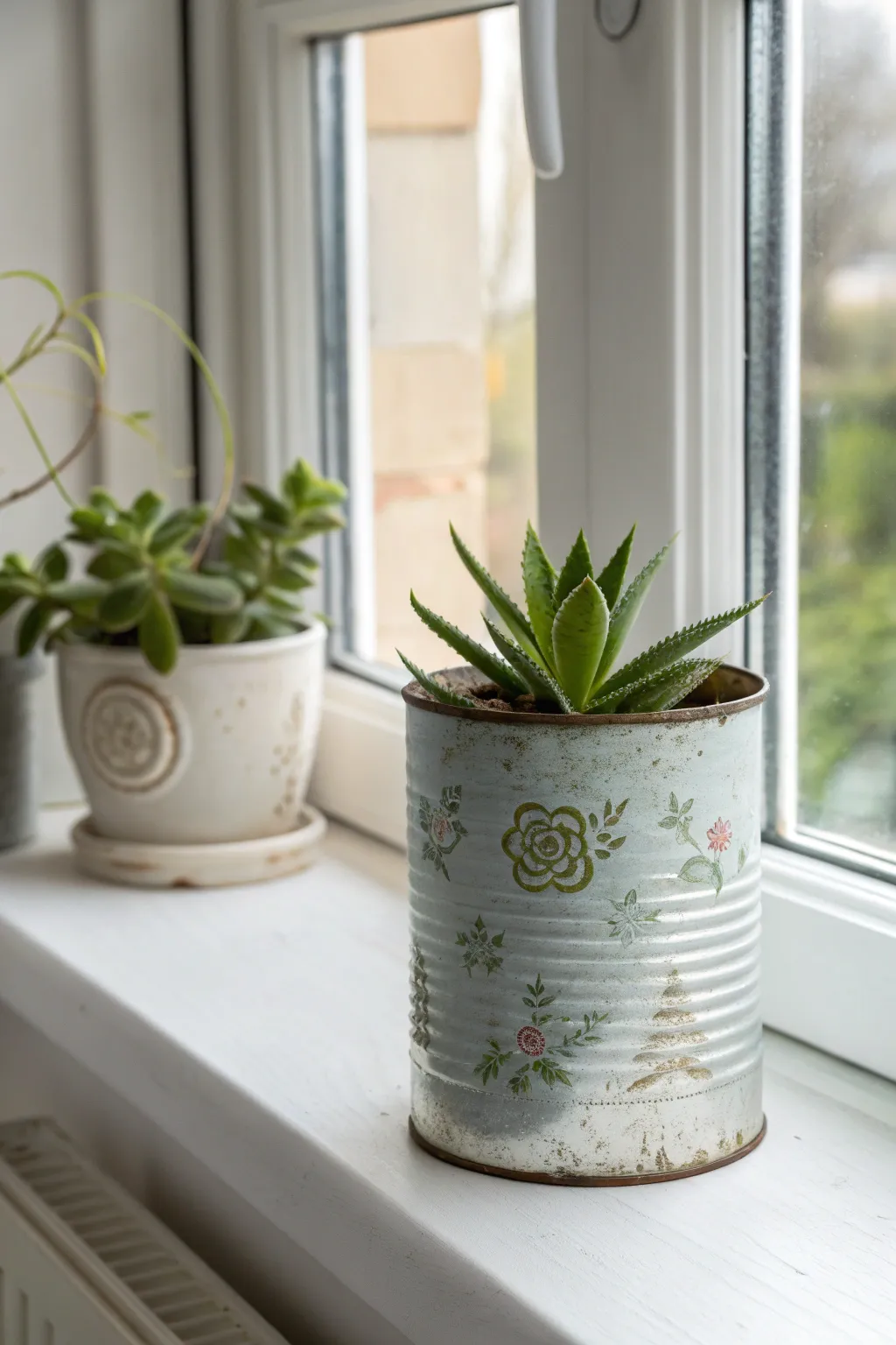 Transform your space with a touch of rustic charm using repurposed tin plant holders.