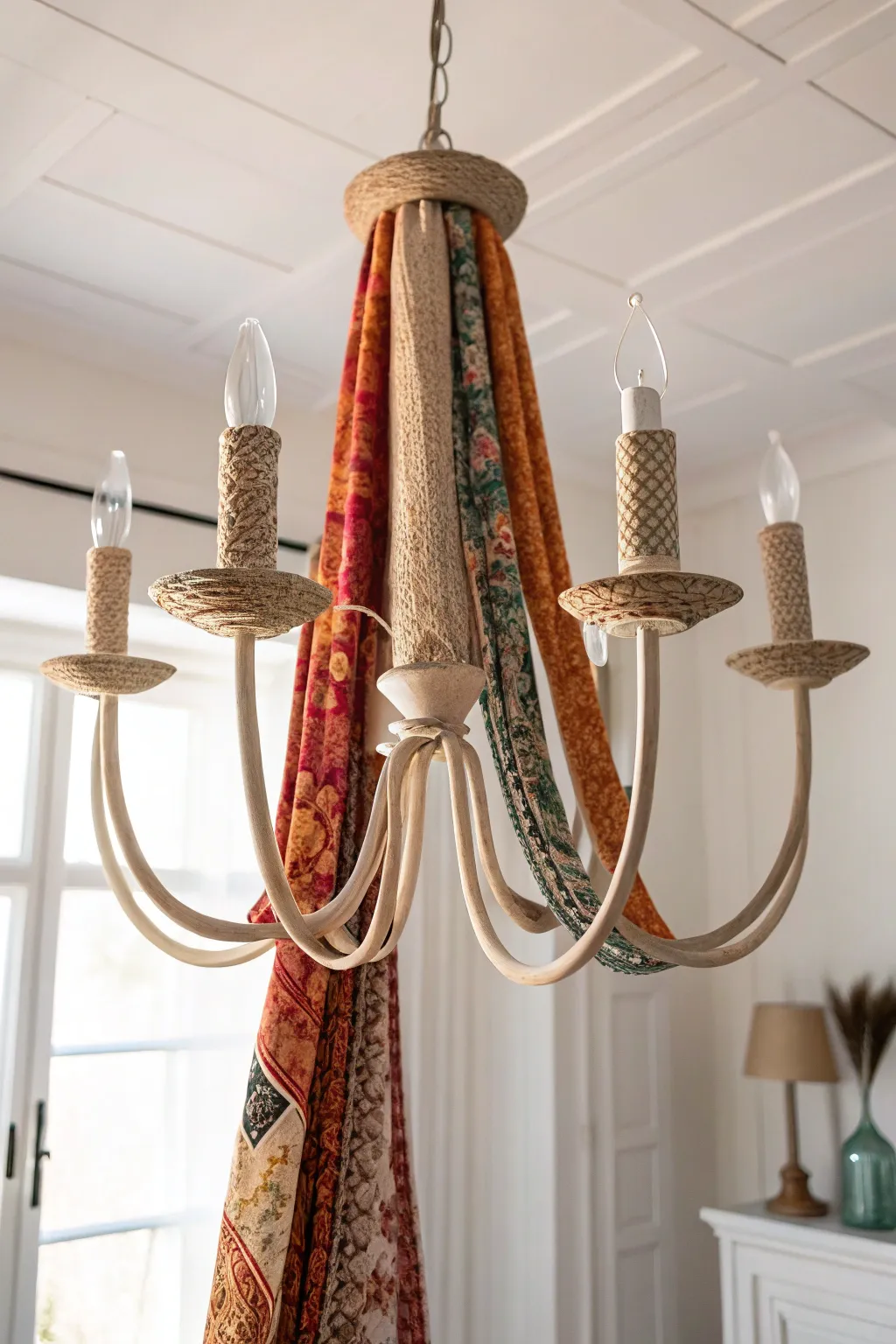 Transform your space with a touch of bohemian elegance: a fabric-wrapped chandelier that blends simplicity with vibrant charm.