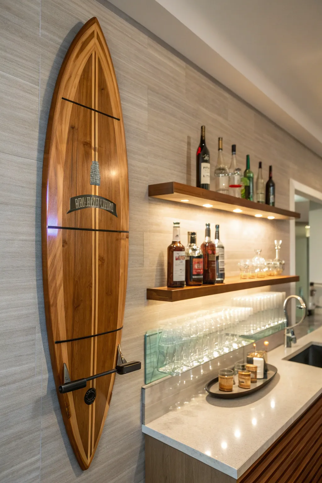 Elevate your home bar with a touch of coastal charm and craftsmanship. 🍹🏄‍♂️ #SurfboardShelf #Craftsmanship