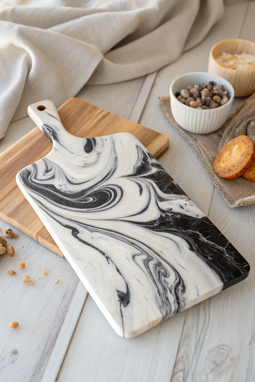 Transform your kitchen with this stunning marbled resin cutting board, where elegance meets simplicity.