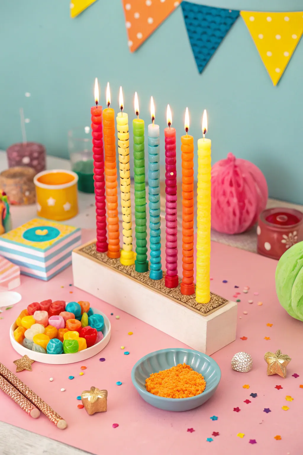 Candle display with vibrant color accents and props.