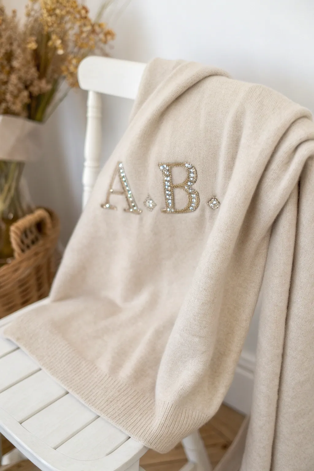 Add a touch of glamour to your wardrobe with personalized rhinestone initials. Effortlessly chic and uniquely yours.