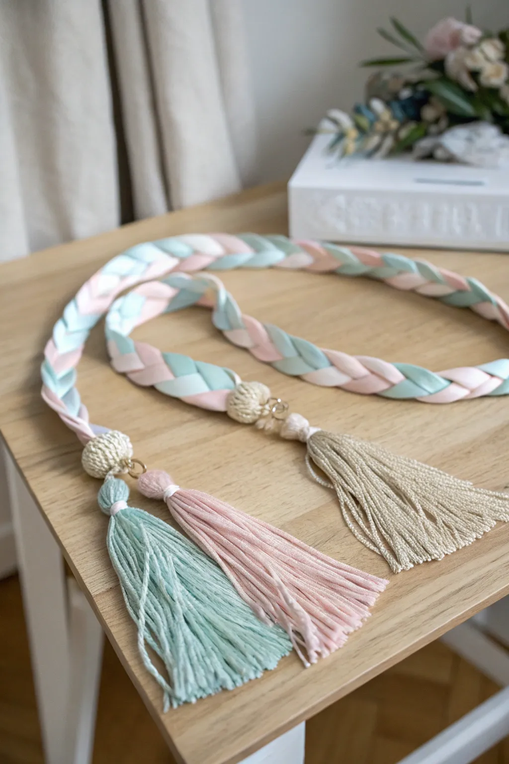 Add a touch of whimsy with a tassel-adorned ribbon lei, where simplicity meets playful elegance.