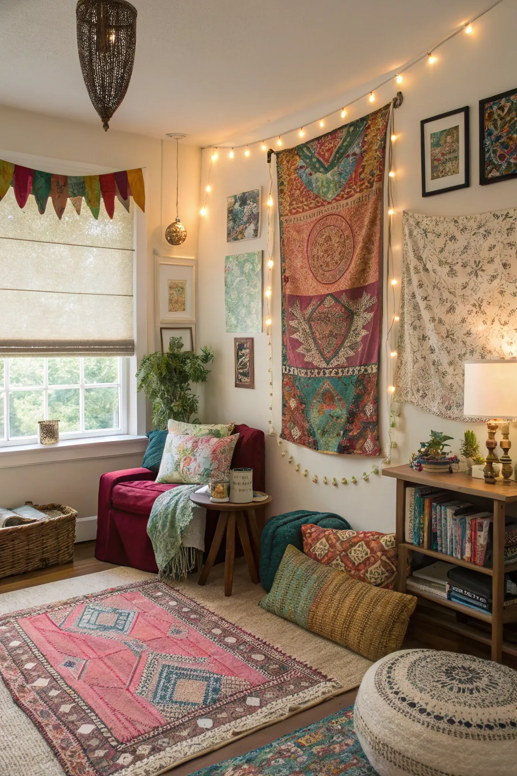 Bohemian-style Roman shades add an artistic touch.
