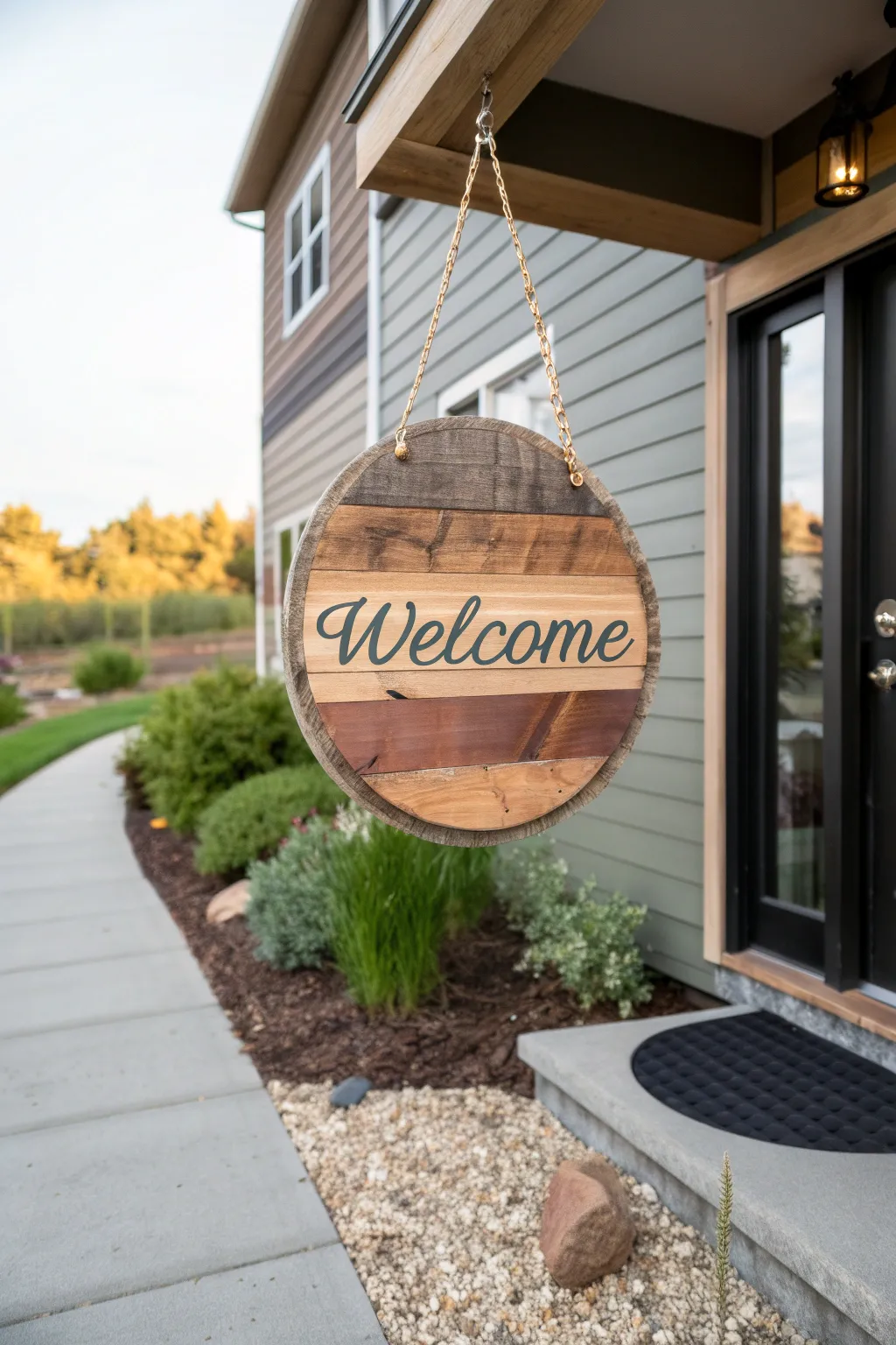 Sustainable materials create a naturally beautiful welcome sign.