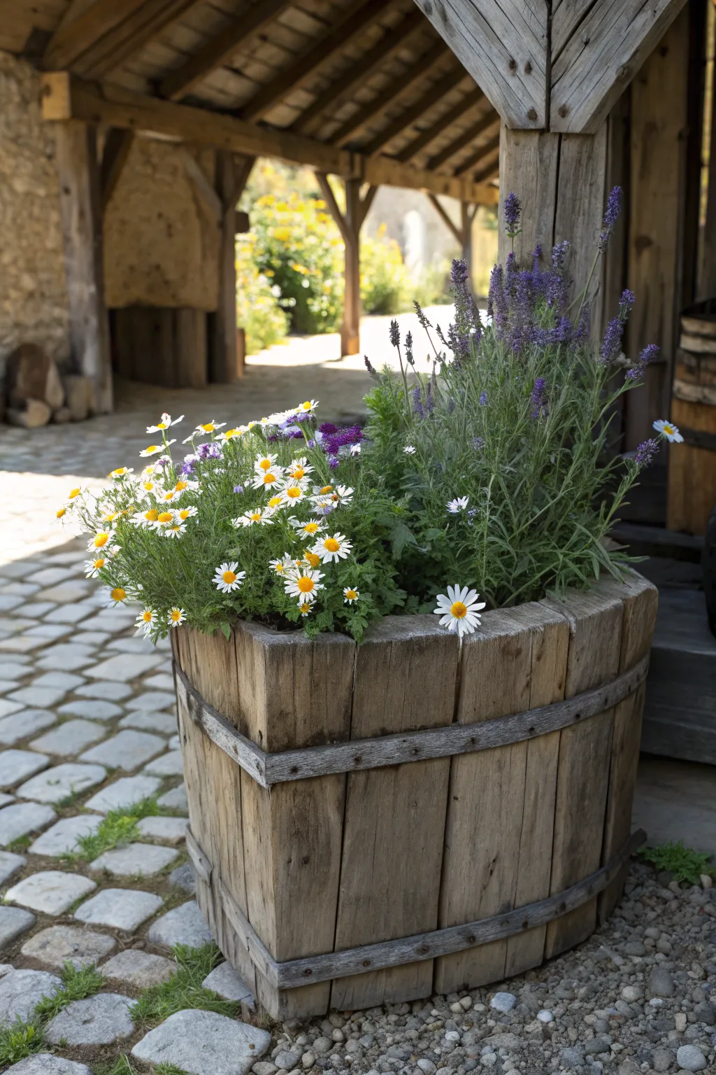 Elevate your carport with rustic charm: A handcrafted planter brimming with wild beauty.