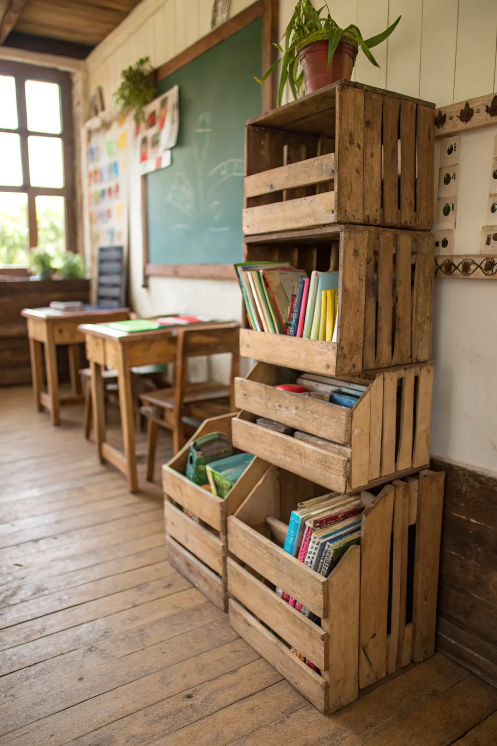Stylish and functional storage with wooden crates.