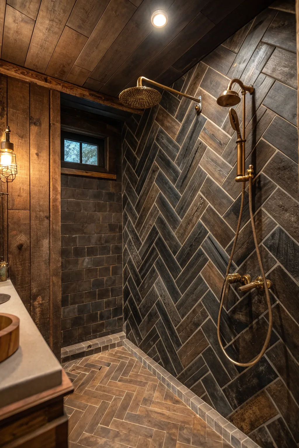 Embrace the drama with these artisanal dark tiles, perfect for a cozy, rustic retreat.