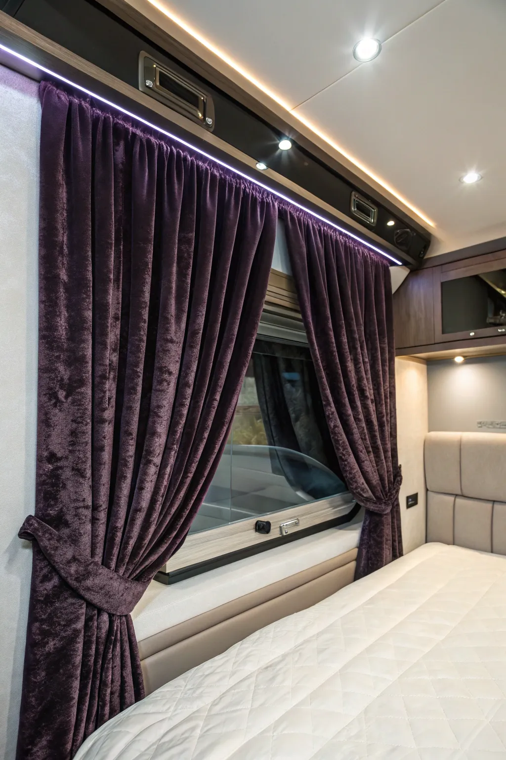 Elevate your RV's style with a velvet curtain headboard—where elegance meets craftsmanship.