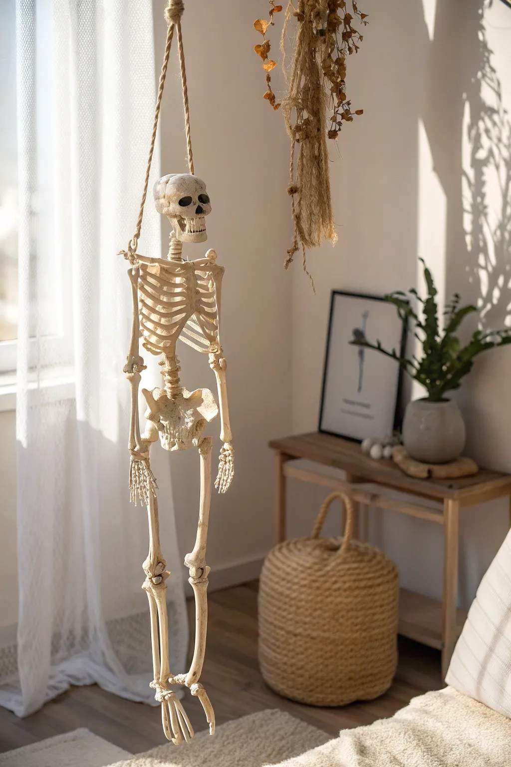 Elevate your Halloween decor with a minimalist touch: a hanging skeleton that blends sophistication with spookiness.
