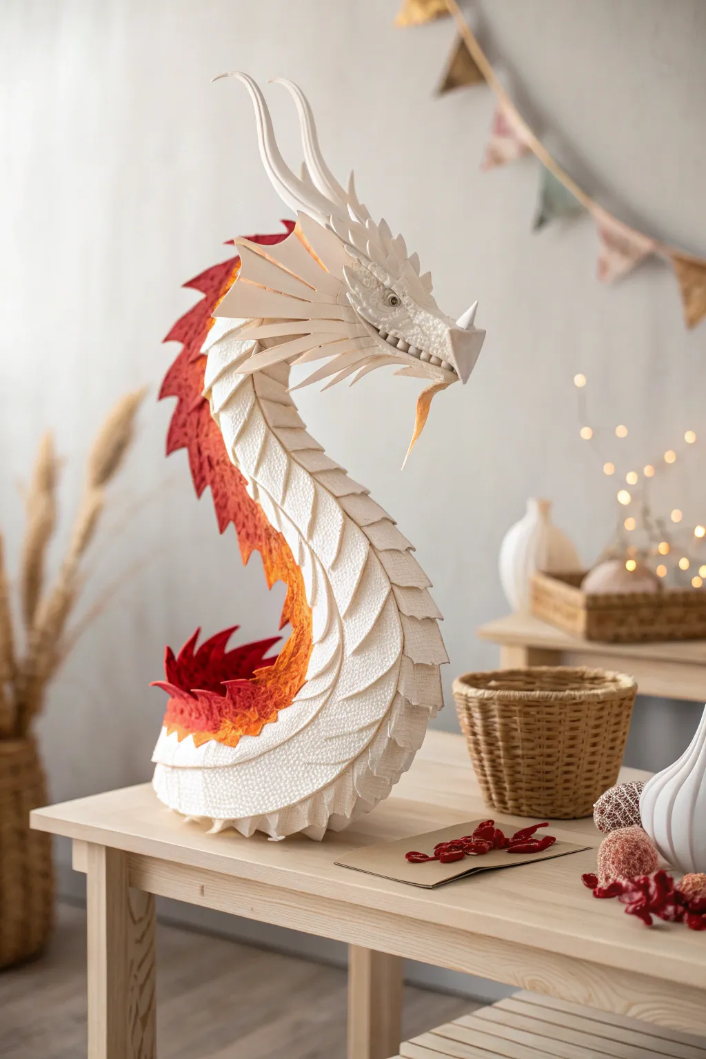 Ignite your creativity with this stunning paper dragon, breathing life with vibrant tissue paper flames.