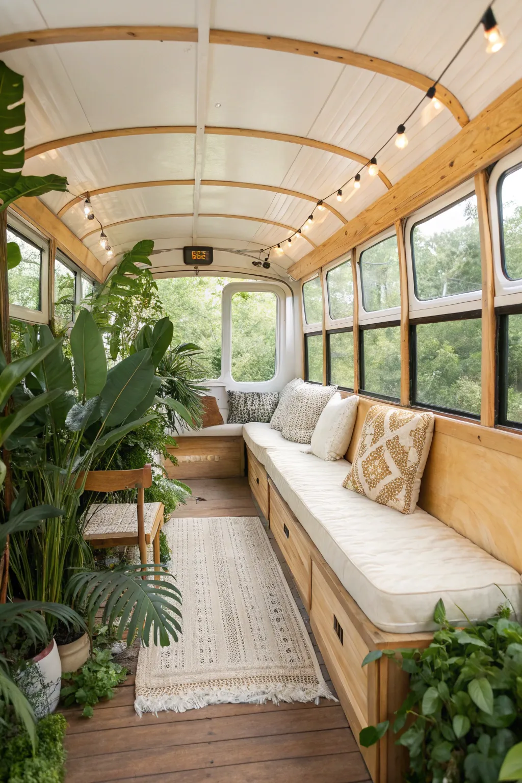 Find your peaceful retreat amidst the greenery in a charming school bus greenhouse oasis.