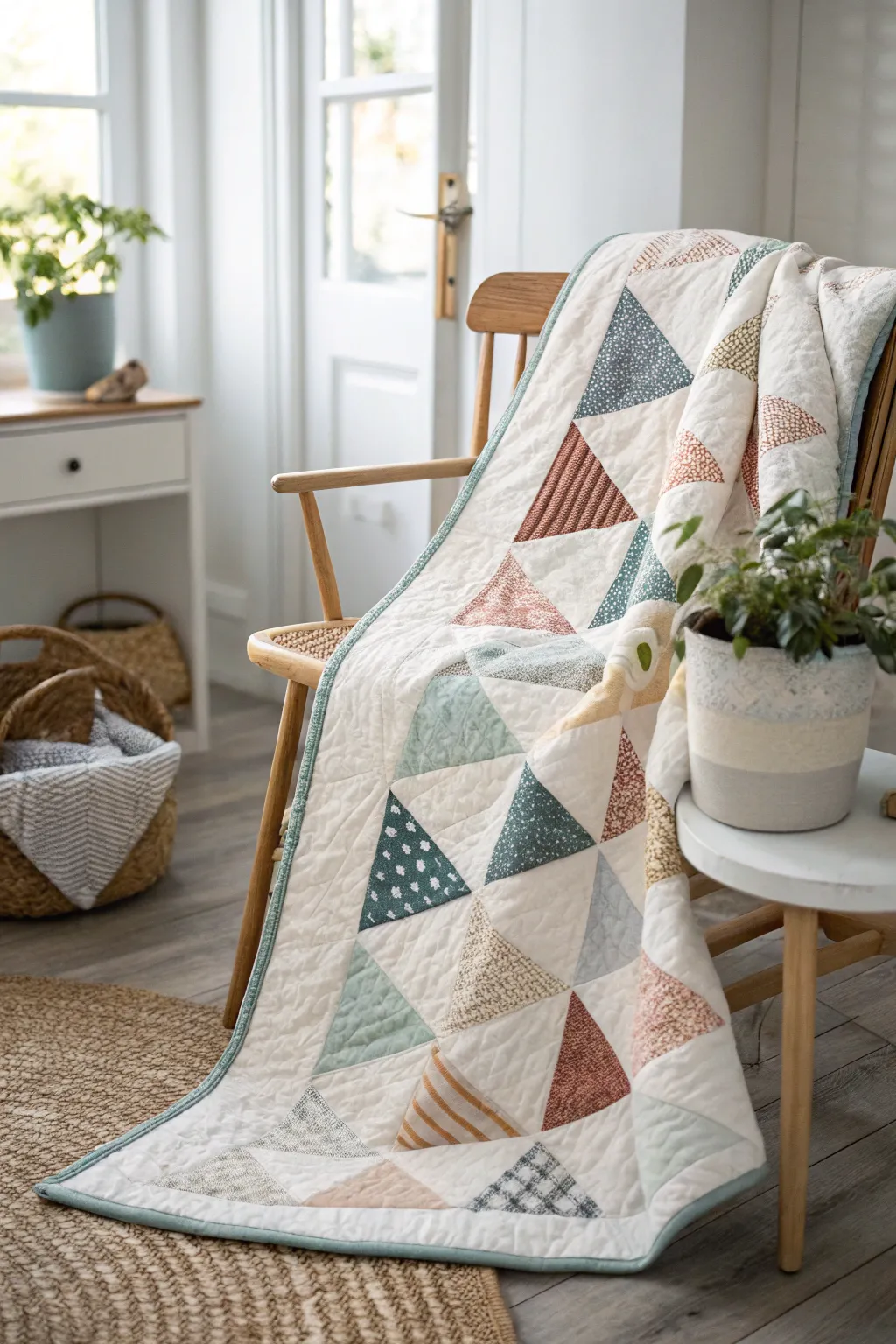 Embrace modern minimalism with this stunning scrap quilt design, where angled lines meet elegance.