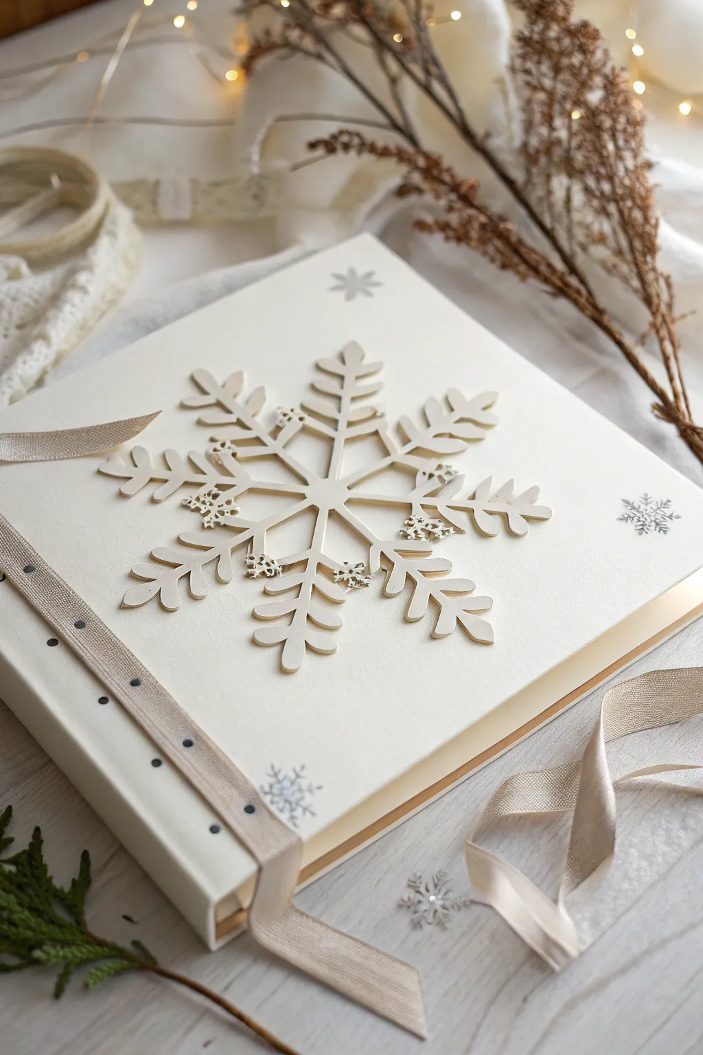 Capture the essence of your winter wedding with this elegantly crafted snowflake scrapbook page, where simplicity meets natural beauty.