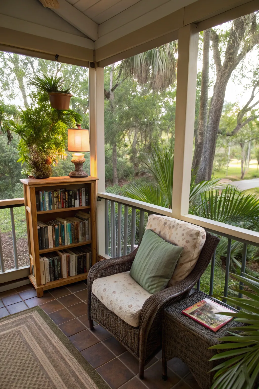 A lanai reading nook that's perfect for relaxing with a favorite book.
