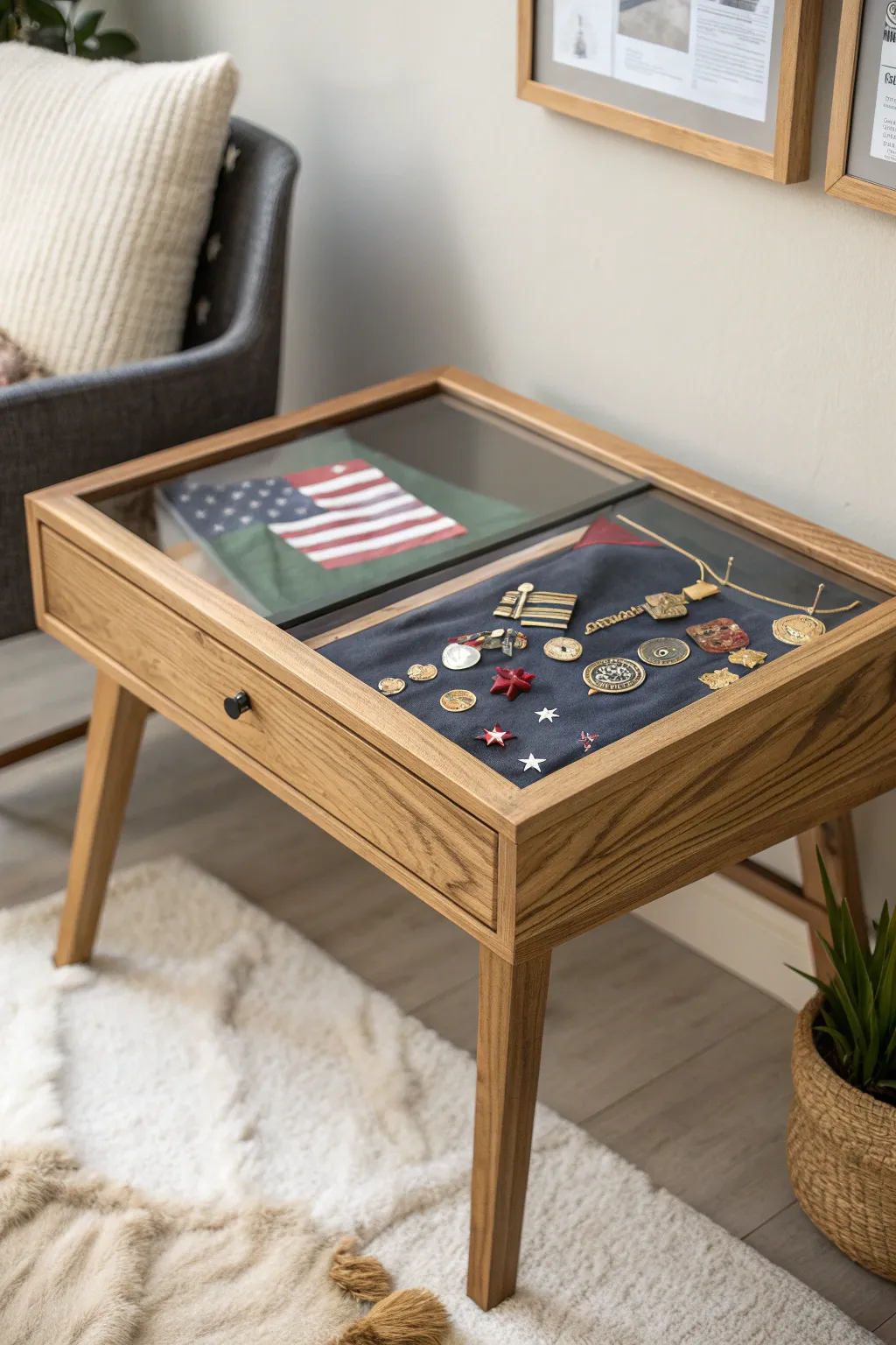Celebrate the hero in your life with a beautifully crafted military memorabilia display table, blending simplicity and heartfelt stories.
