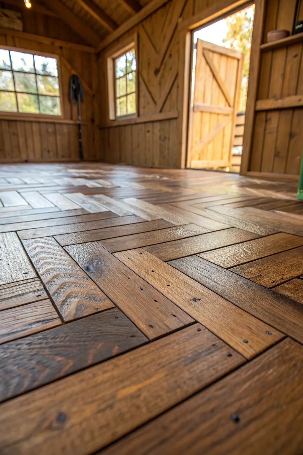 Elevate your shed with the timeless elegance of tongue and groove wood flooring.
