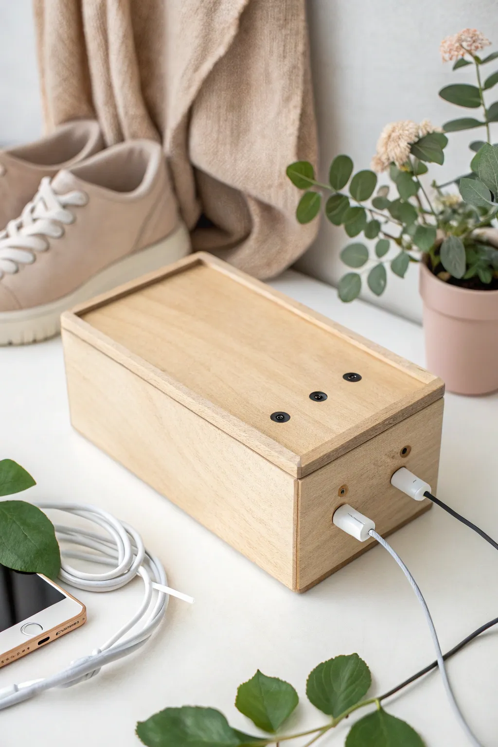 Transform clutter into calm with this chic shoe box charging station. A minimalist solution for a tidy, tech-friendly space.