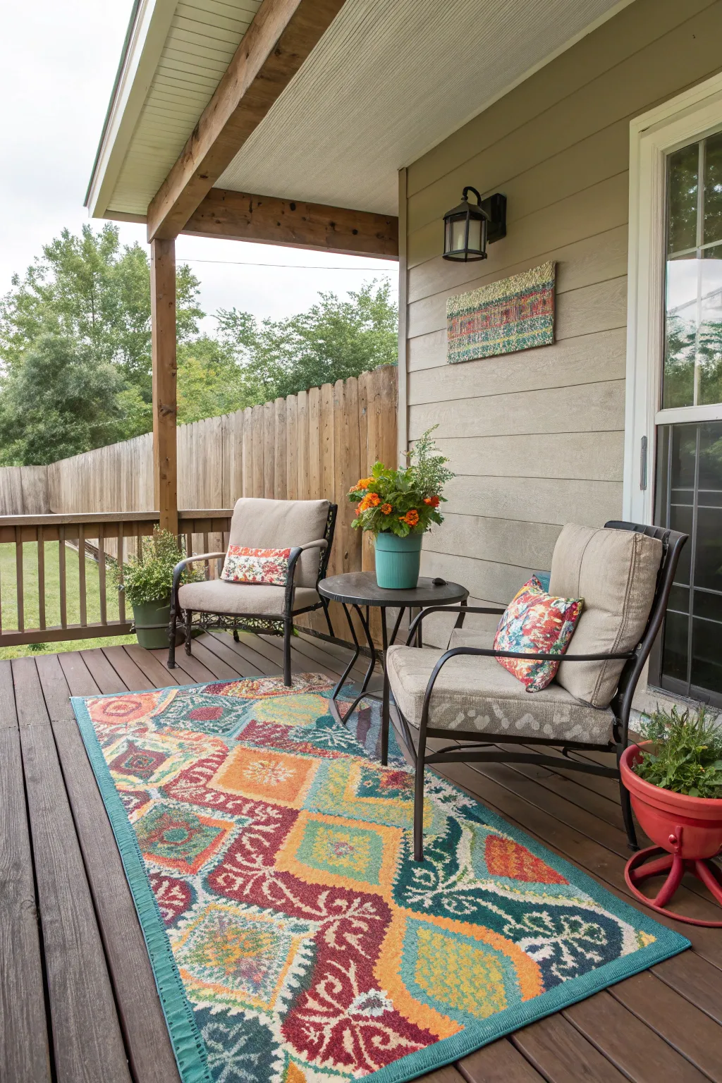 An outdoor rug adds warmth and defines the space.