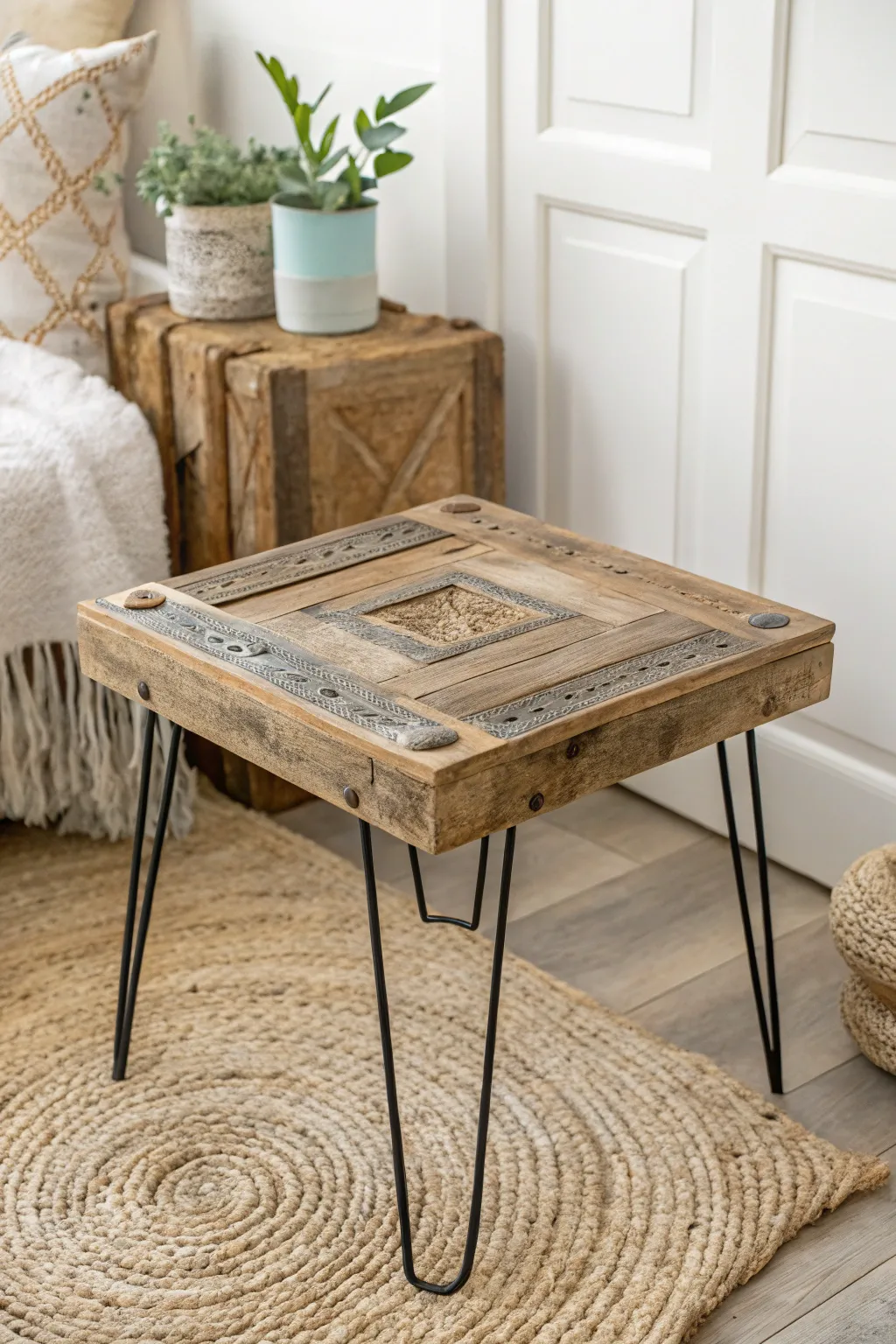 Transform nostalgia into a cozy centerpiece with a reclaimed door side table, where history meets minimalist elegance.