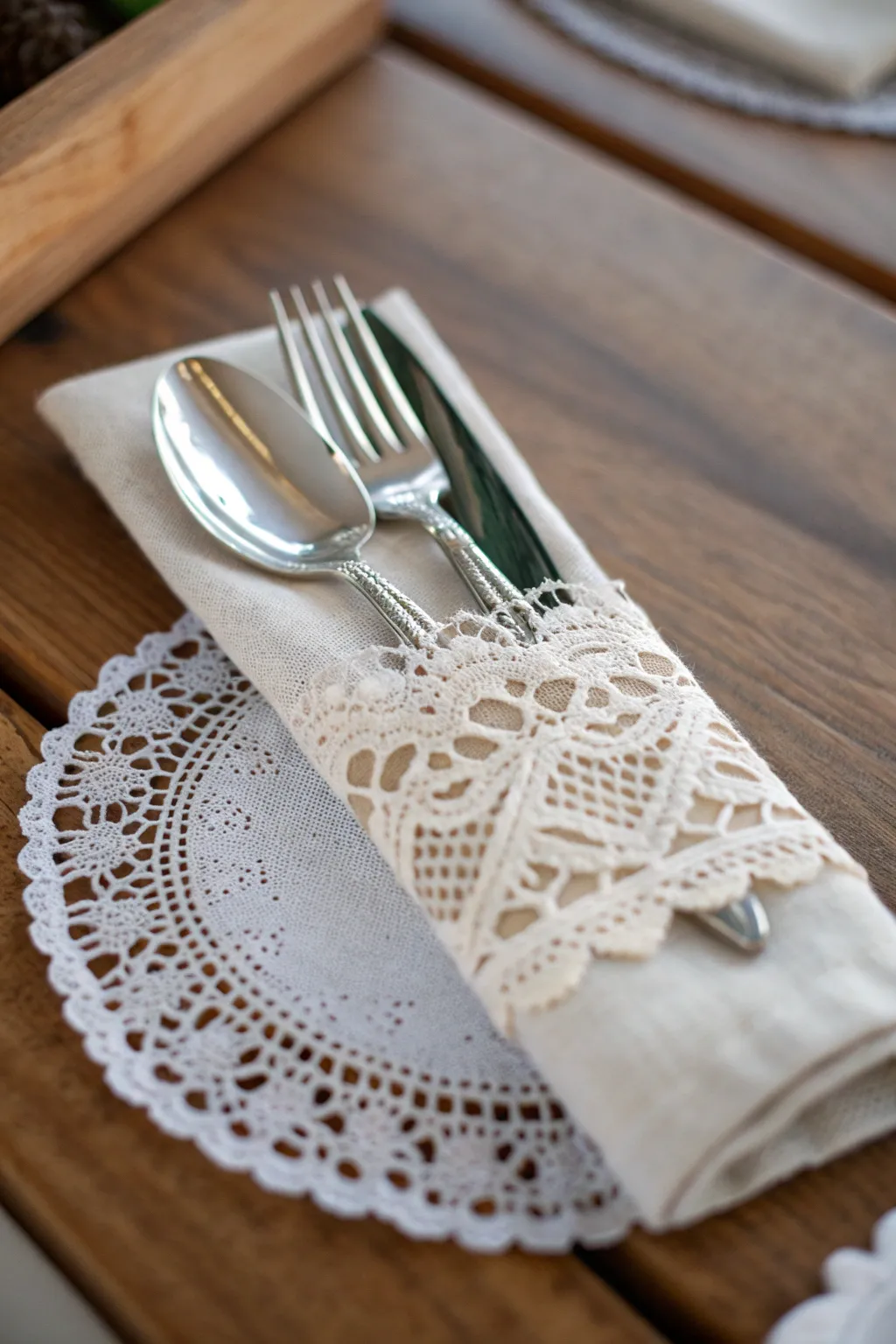 Add a touch of elegance to your gatherings with dainty lace-wrapped silverware.