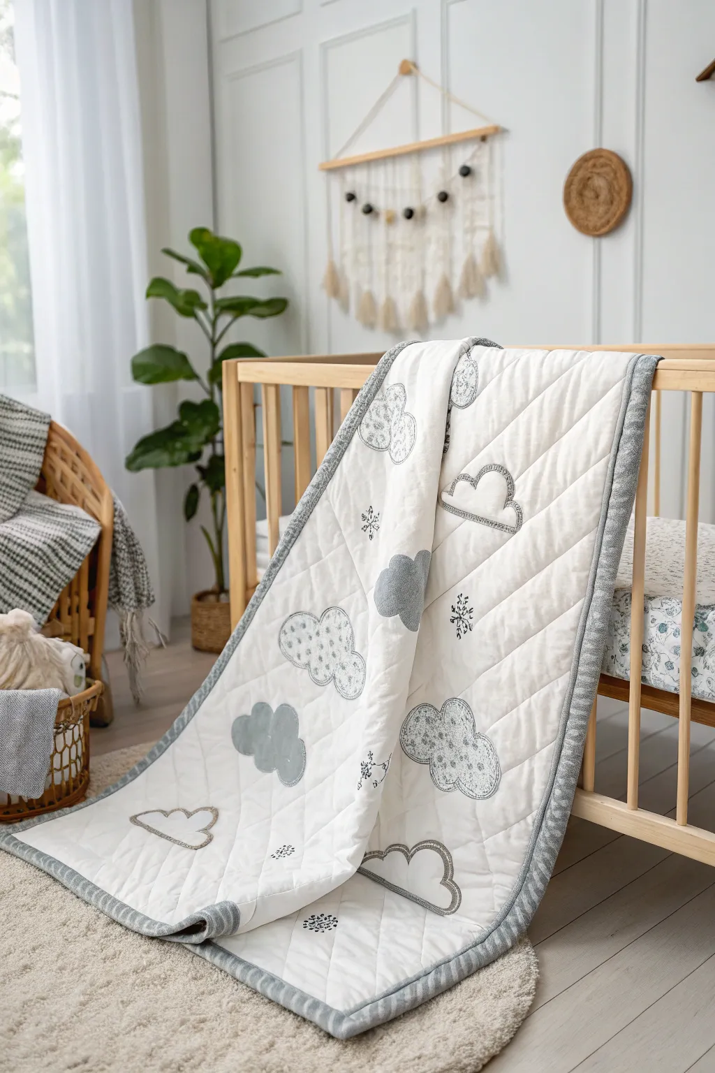 Wrap your little one in dreamy serenity with this cloud-patterned quilt, perfect for a minimalist nursery.