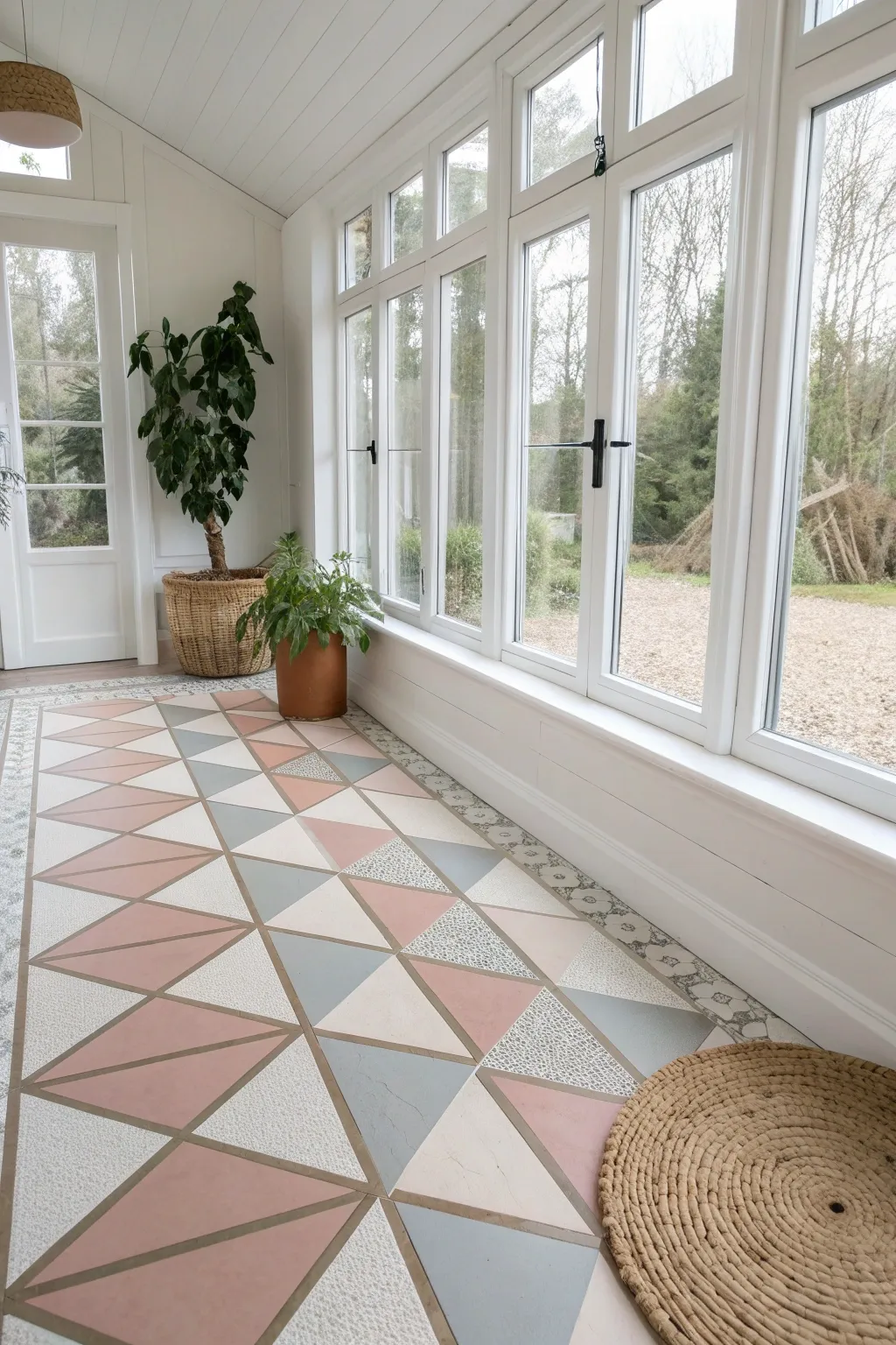 Transform your space with a captivating geometric floor design that turns simplicity into a statement.