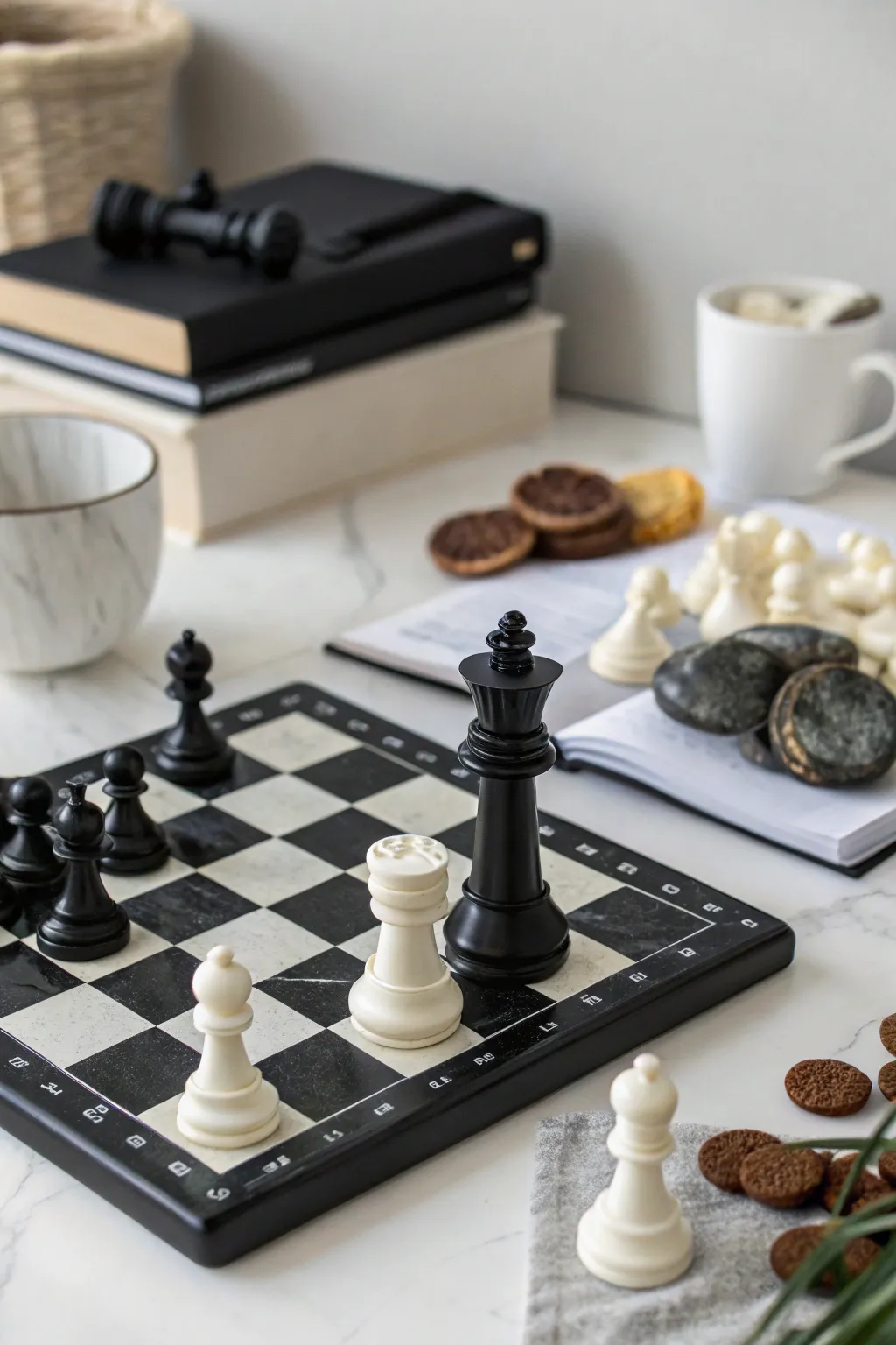 A sophisticated monochrome tabletop setup.