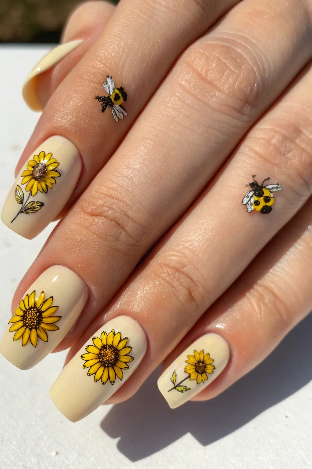 Bring the garden to your fingertips with these charming sunflower and bee nail designs!