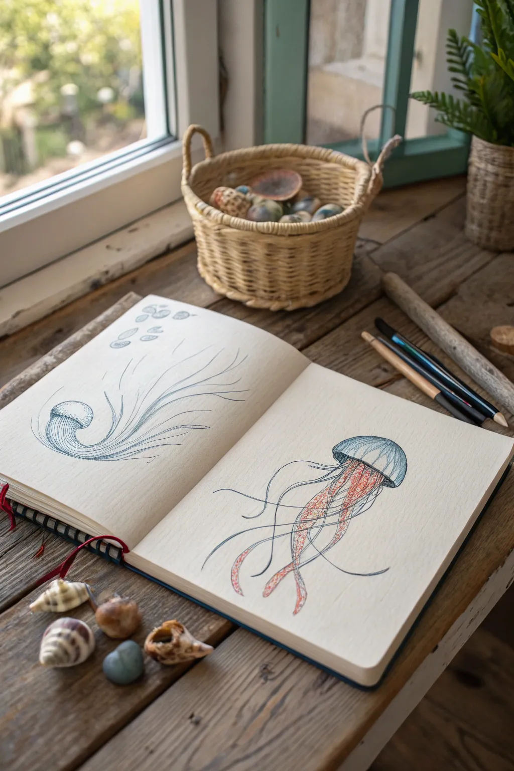 Explore the mysteries of the sea with elegant sketches of marine life.