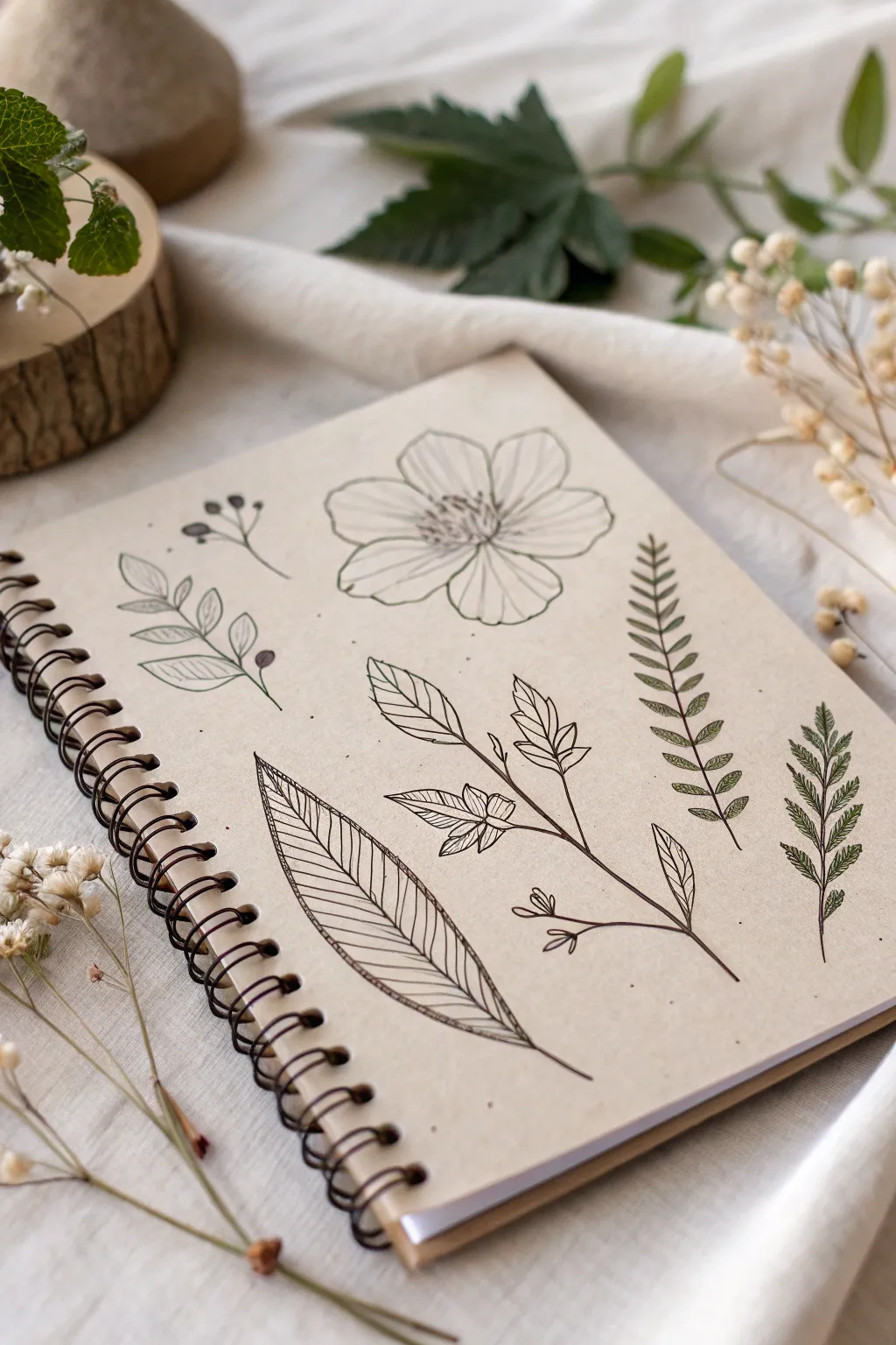Embrace nature's elegance with minimalist botanical sketches on your sketchbook cover.