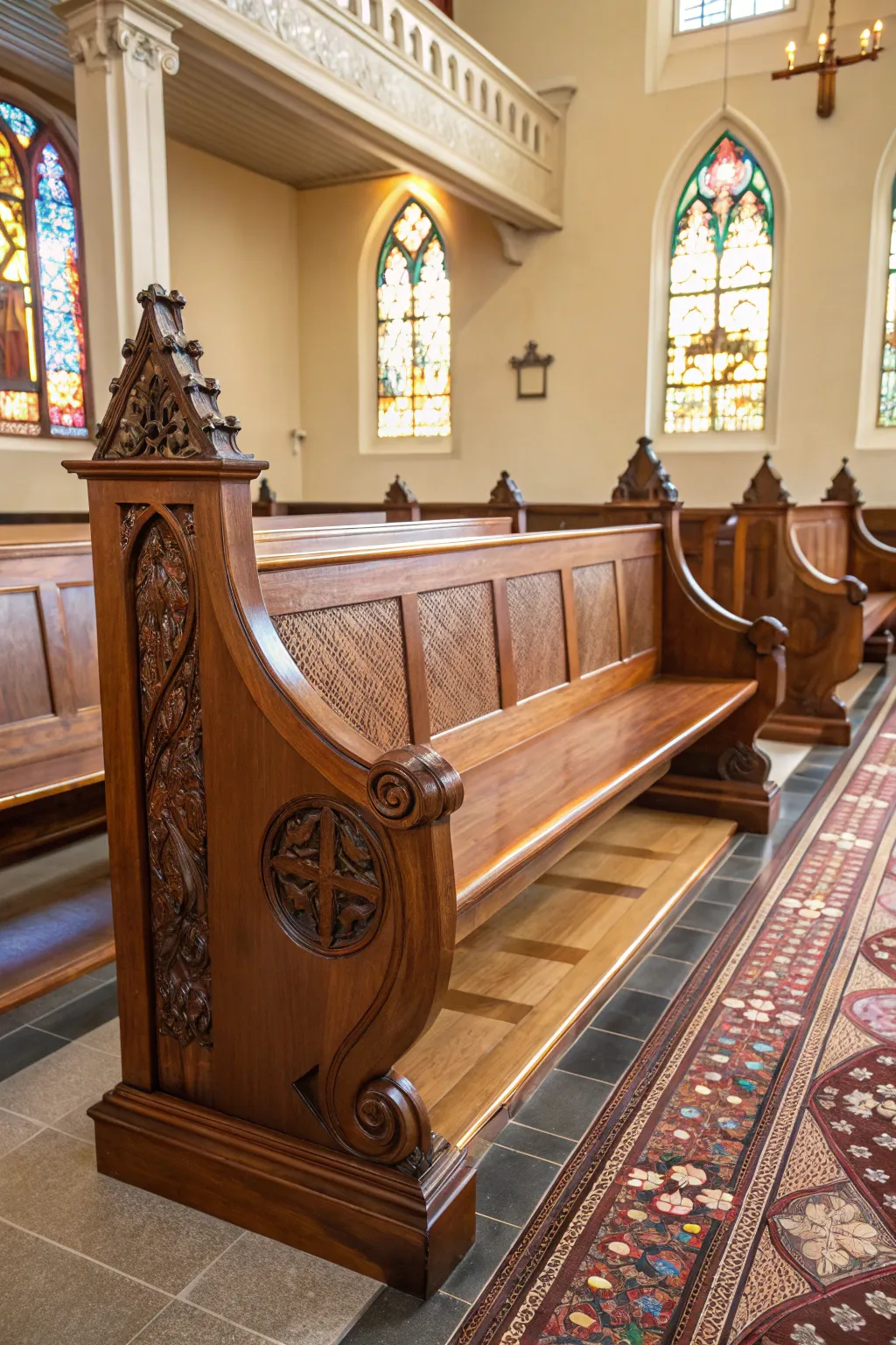 Experience the warmth and elegance of a masterfully crafted church pew in a beautifully renovated chapel.